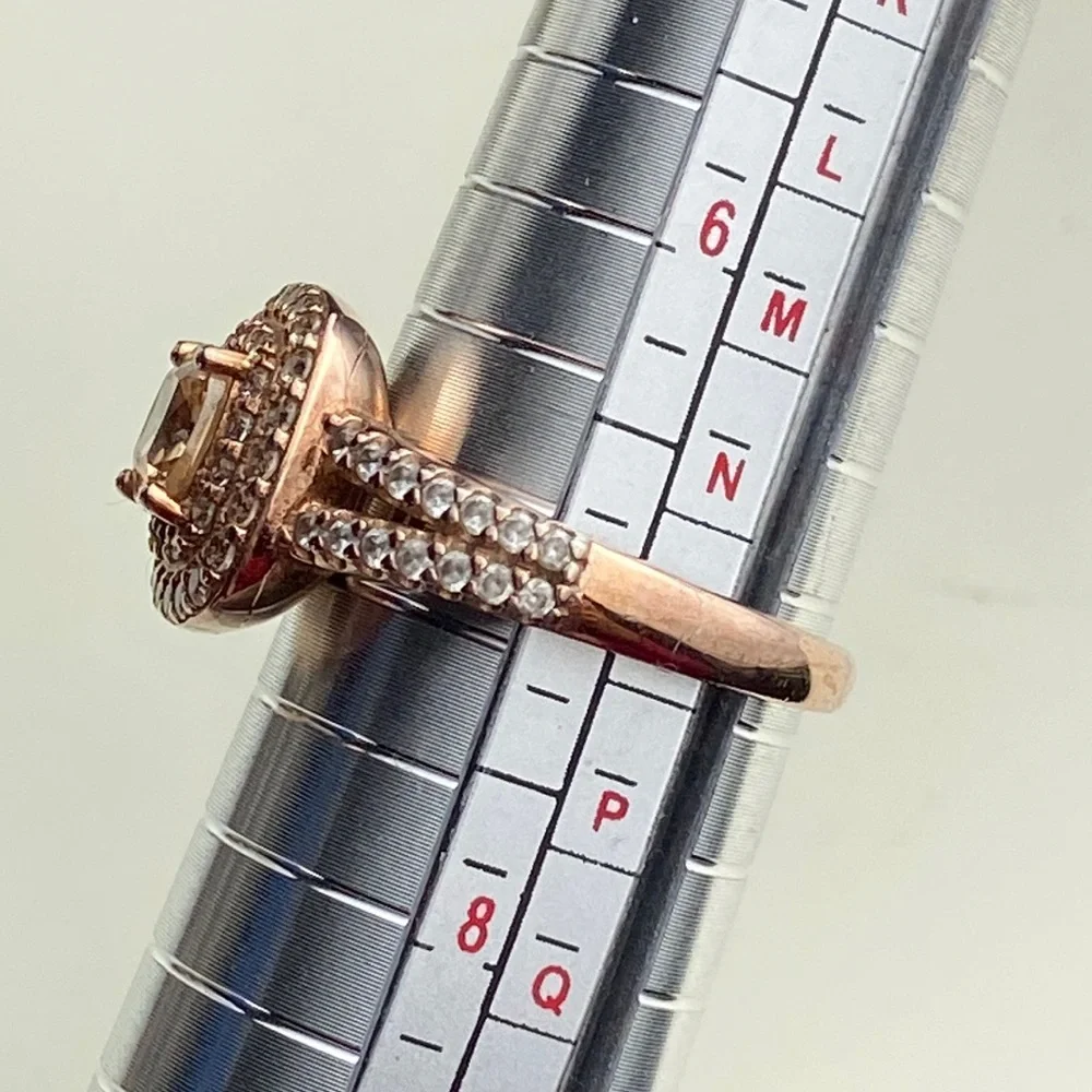 14K Rose Gold Plated Sterling Cushion Cut Champaign Cubic Zirconia Double Halo